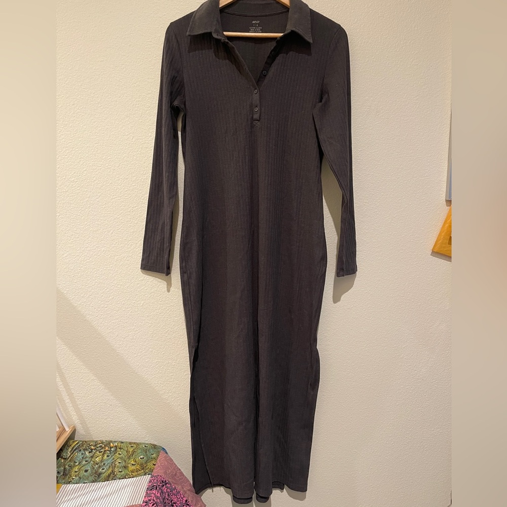 Aerie Ribbed Gray Long Sleeve Midi Dress